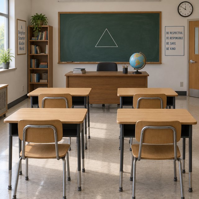 A classroom with exactly four desks in two rows, a globe on the teacher's desk, a chalkboard with a single drawn triangle, empty of people. — GPT Image 2.5 Sunburst
