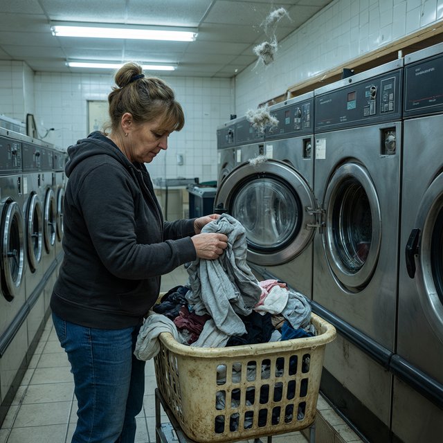 Candid documentary photograph of an adult woman sorting clothes in a self-service laundromat, cool fluorescent light, 35mm lens with moderate depth of field, loose lint suspended above a tumbling machine, worn baskets and tiled walls rendered naturally. — Qwen Image 3.0 Pro