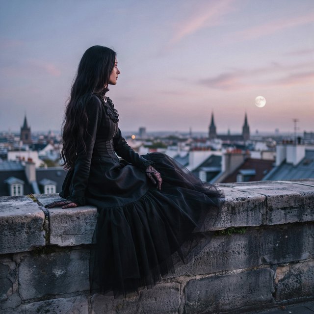 A whimsical gothic woman sitting on a ledge overlooking the city. — Ideogram v4.5