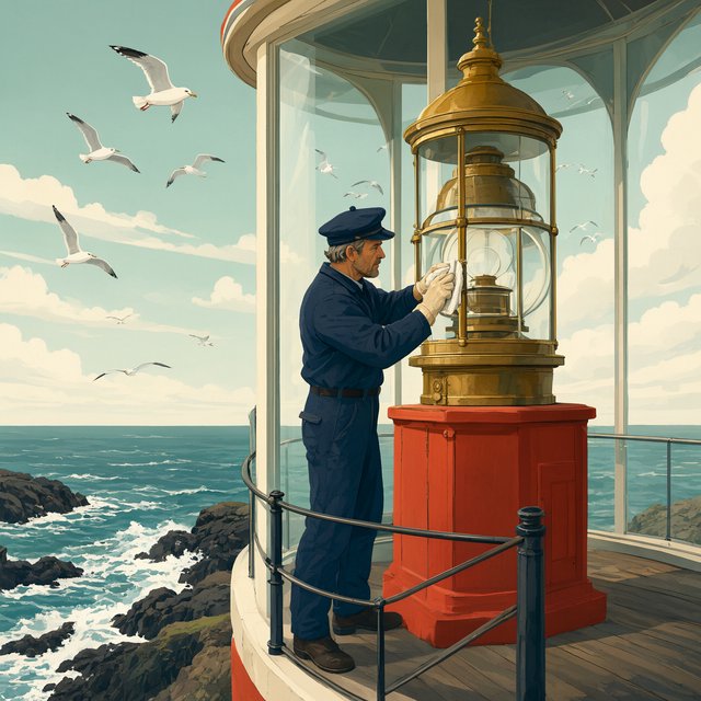 Flat-vector illustration of an adult lighthouse keeper polishing a brass lantern in a windswept tower, gulls circling beyond the glass and foam tracing black rocks below. Palette of sea-glass green, cream, vermilion, and navy. — Qwen Image 3.0 Pro
