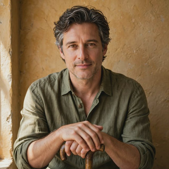Portrait photograph of an adult man in his 40s with silver-streaked hair, wearing a textured olive linen shirt and rolled sleeves, hands resting on a wooden cane, relaxed expression, ochre plaster backdrop, soft window light from the side. — Muse Image 1.0