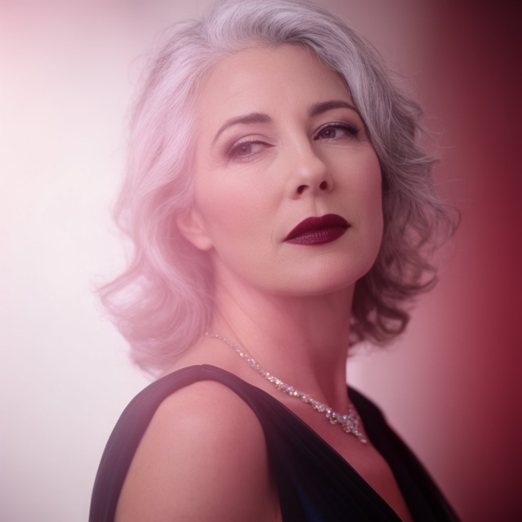 A silver-haired adult woman in a midnight-blue evening gown pauses with lipstick freshly applied, her composed gaze turned slightly aside; diffused rose studio light defines her face and shoulders, with restrained makeup and the polished finish of a fashion magazine. — Krea 2 Large