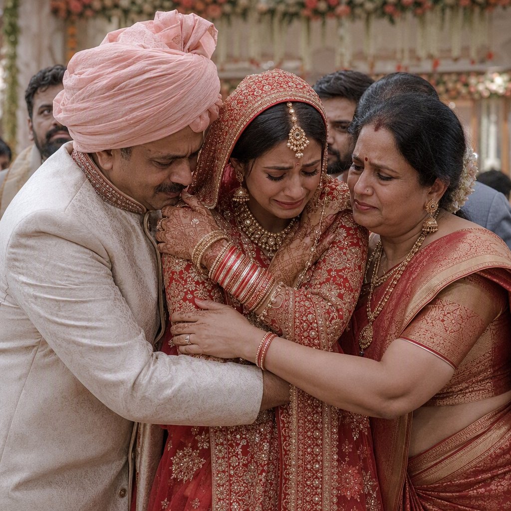 A realistic scene of an Indian wedding showing the emotions of the adult bride and her adult family members — GPT Image 2