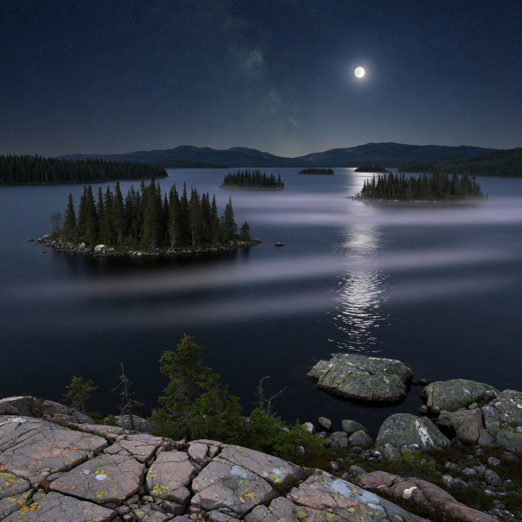 An expansive boreal lake beneath a clear, cold midnight sky, pale moonlight catching thin mist above dark water; spruce-covered islands recede toward distant ridges, while lichen and cracked granite sharpen the near shoreline. — Grok Imagine Image Quality