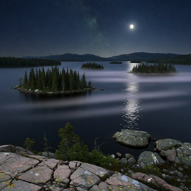 An expansive boreal lake beneath a clear, cold midnight sky, pale moonlight catching thin mist above dark water; spruce-covered islands recede toward distant ridges, while lichen and cracked granite sharpen the near shoreline. — Grok Imagine Image Quality