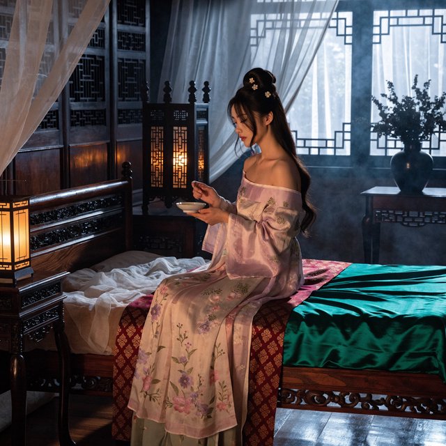 A beautiful adult Chinese woman in her 20s wearing an elegant, subtly sensual Song Dynasty–inspired hanfu with a loose off-shoulder neckline, gracefully exposing her shoulders and collarbones. She sits on an ornate wooden bed inside a refined ancient Chinese bedroom at night, surrounded by gauze curtains, carved screens and softly glowing lanterns. Moonlight filters through the lattice window, creating a romantic, intimate atmosphere. Luxurious silk fabrics, delicate hair ornaments, natural feminine pose, cinematic lighting, historically inspired details, tasteful and sophisticated. — Recraft v4 Pro