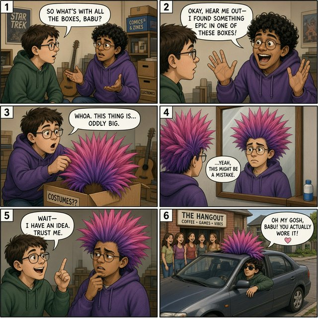 A three-row, six-panel sequence. Panel 1: A short-haired, nerdy man is talking to his friend Babu, another nerd with curly hair and round-frame glasses. They are both 20. Babu's room has a guitar and boxes full of things. Panel 2: Babu is exclaiming to his friend, saying something! Middle row, panel 3: Babu brings a spiky Mohican wig, pink to purple in color, out of one of his boxes. But it is oddly big. Panel 4: Babu stands in front of a wall mirror wearing the spiky wig—it is oddly very big! He looks concerned. Bottom row, panel 5: Babu's nerdy friend exclaims something to him, as if he has had an idea. Bottom row, panel 6: Babu is in a right-hand-drive sedan with a sunroof. Half of the spiky hair on his wig sticks out through the sunroof. The car is parked in front of a neighborhood hangout. Babu is looking out of the window, with one hand out of it. He wears sunglasses, trying to look cool. Several pretty adult women his age are giggling at him. — Grok Imagine Image 2