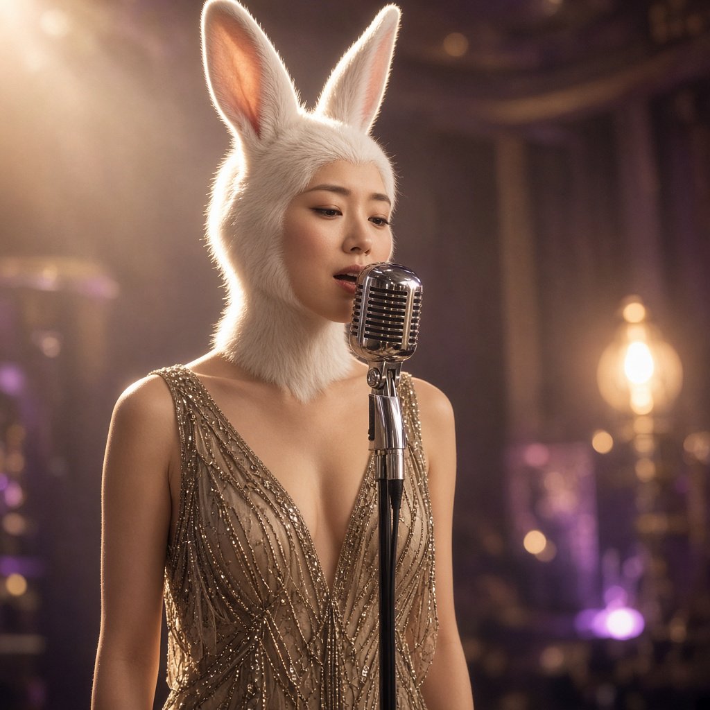 Anthropomorphic rabbit-human hybrid. No human ears visible; the areas where ears would normally be are covered by rabbit fur. A pulchritudinous East Asian 32-year-old wearing a luxurious flapper dress with a deep V split down the center, standing on stage behind a luxurious retro microphone, singing her heart out into it. Taken with a professional DSLR camera and a 35mm lens. Background bokeh, stage lights with a bloom effect. — Grok Imagine Image 2