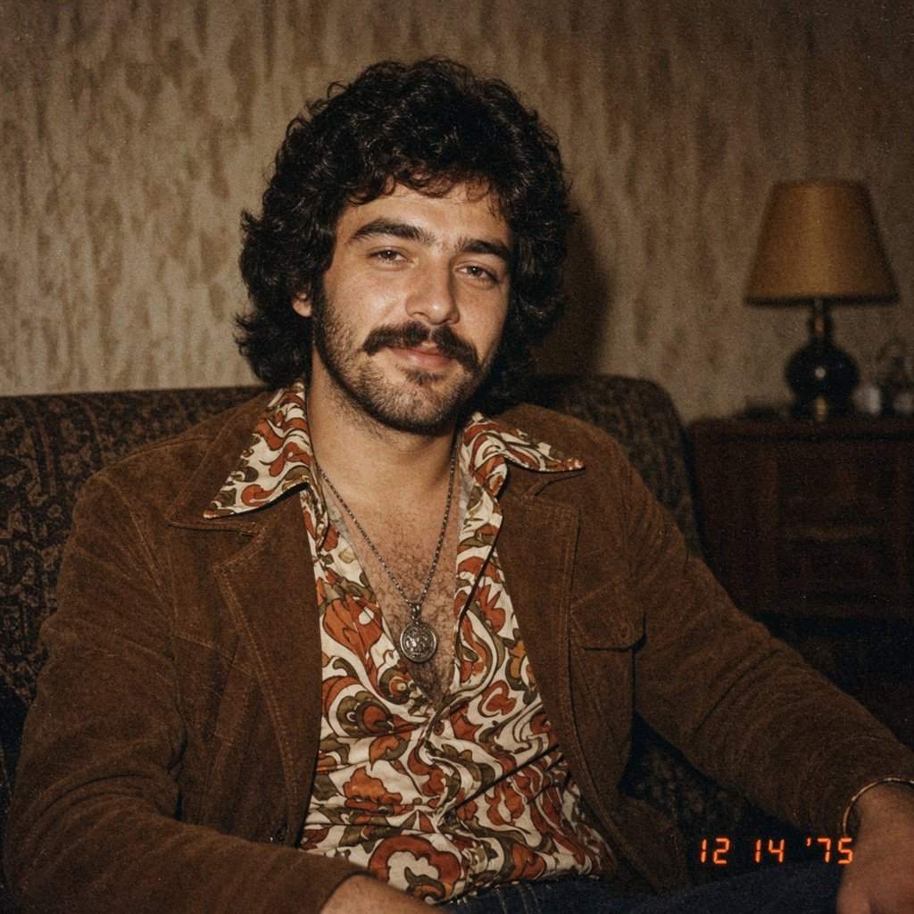 Create an image of a man in the quintessential style of 1975. Style his hair, clothing, accessories, and surroundings to reflect the distinctive look of the mid-1970s—featuring bold silhouettes, eye-catching accessories, layered details, and characteristic colors and textures. Give the image the feel of an authentic 1975 photograph, complete with analog film grain, faded colors, direct flash lighting, and a slight soft-focus effect. Add a period-accurate, red-orange date stamp in a 1970s style in one of the bottom corners. No recognizable posters. No modern objects or text. — Grok Imagine Image 2