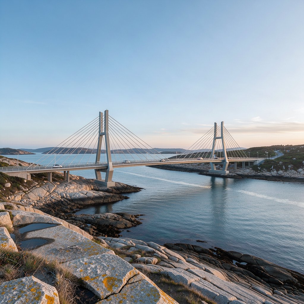Across a sheltered coastal inlet, a contemporary high-tech cable-stayed bridge spans between granite shores, its slender steel pylons and pale concrete deck catching cool sunrise light; viewed from a rocky bank, straight lines and credible engineering define the scene. — FLUX 3 Image