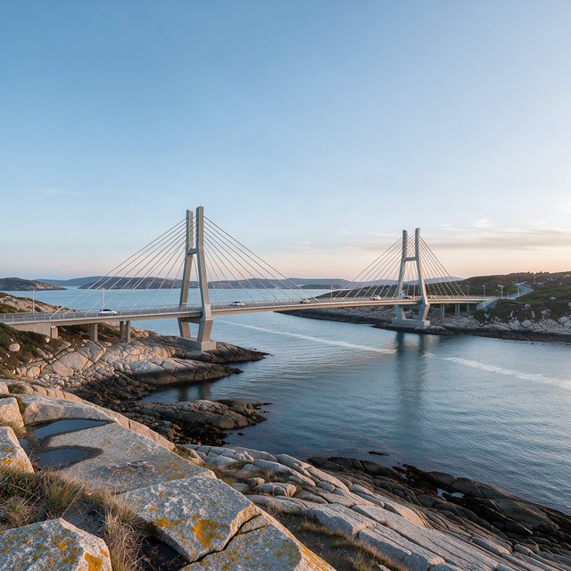 Across a sheltered coastal inlet, a contemporary high-tech cable-stayed bridge spans between granite shores, its slender steel pylons and pale concrete deck catching cool sunrise light; viewed from a rocky bank, straight lines and credible engineering define the scene. — FLUX 3 Image