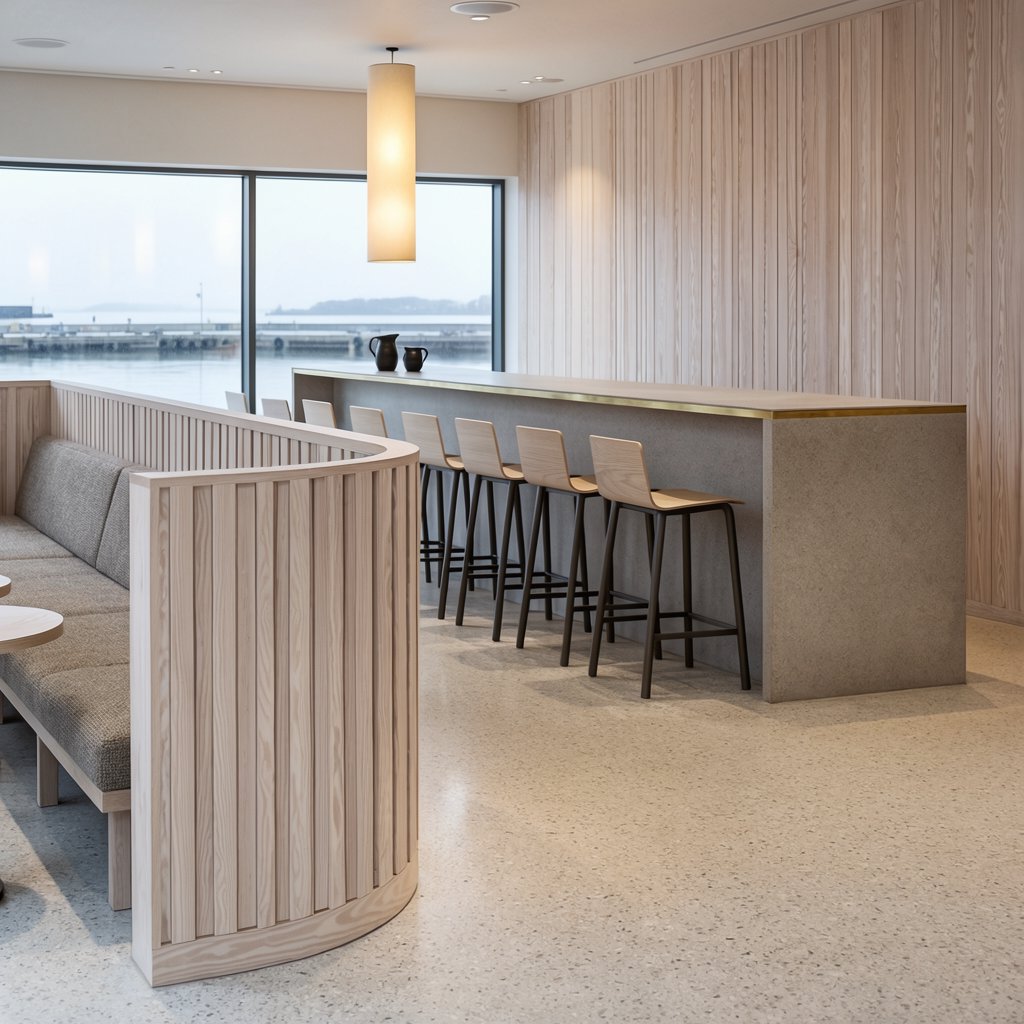 Inside an empty harbor café, restrained Danish modern design pairs ash slat screens, pale terrazzo, and brushed brass; overcast window light reaches the counter, viewed from the entrance, with aligned joinery and believable supports. — Krea 2 Large