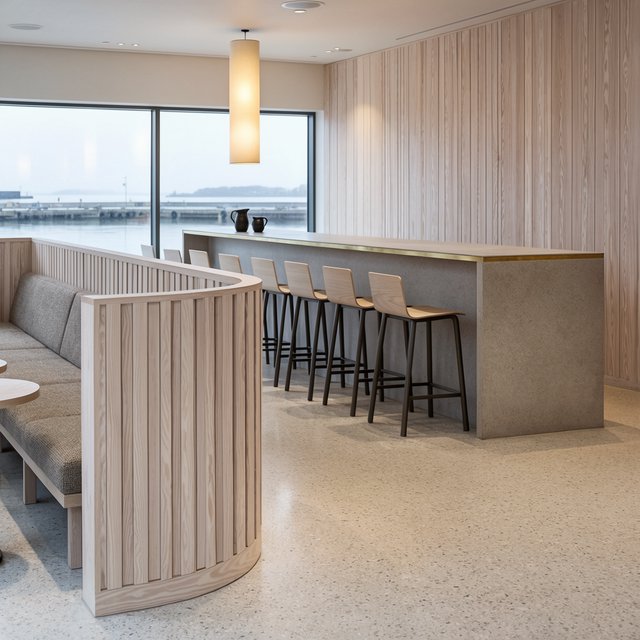 Inside an empty harbor café, restrained Danish modern design pairs ash slat screens, pale terrazzo, and brushed brass; overcast window light reaches the counter, viewed from the entrance, with aligned joinery and believable supports. — Model 11