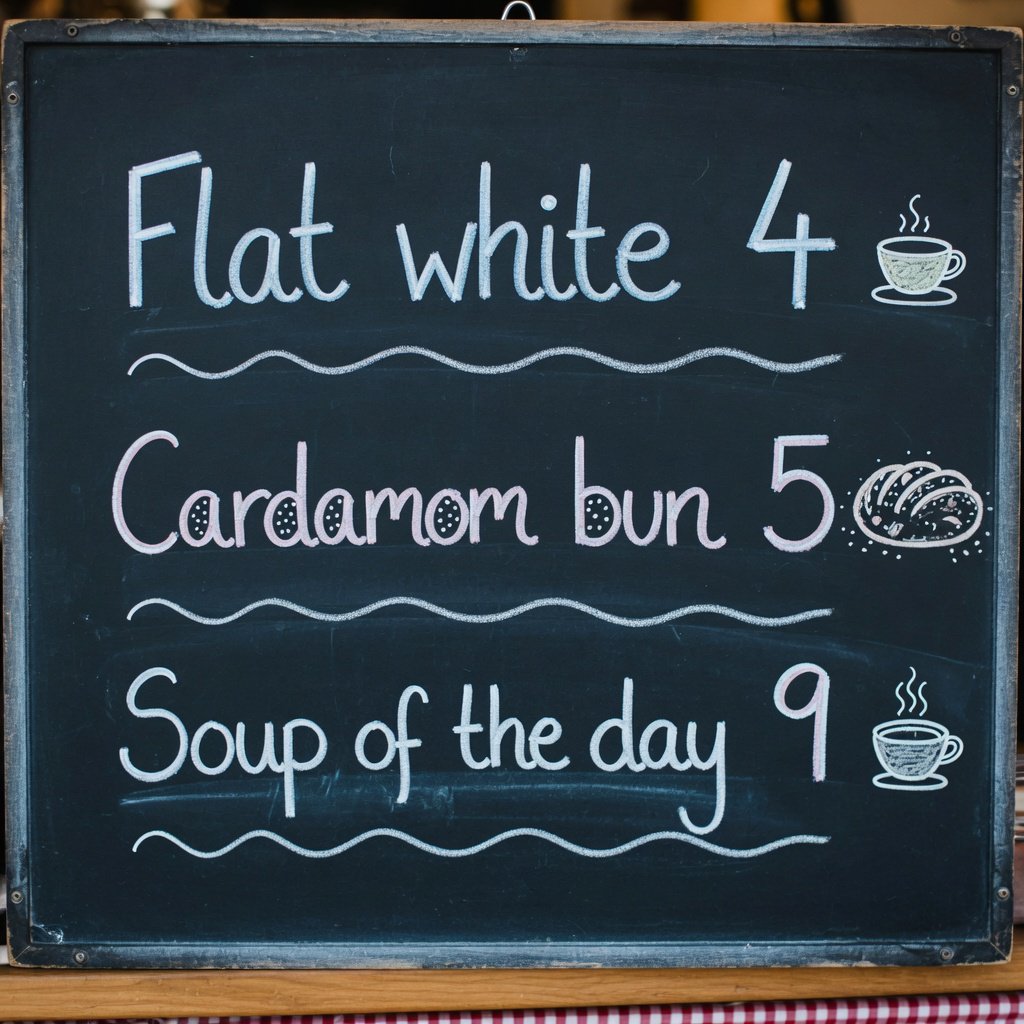 A café chalkboard listing exactly three items: "Flat white 4", "Cardamom bun 5", "Soup of the day 9", in neat chalk handwriting. — Grok Imagine Image Quality