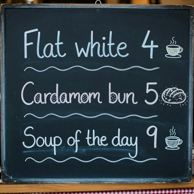 A café chalkboard listing exactly three items: "Flat white 4", "Cardamom bun 5", "Soup of the day 9", in neat chalk handwriting. — Grok Imagine Image Quality