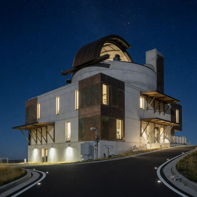 A hilltop observatory in spare contemporary architecture glows against the midnight sky, its pale concrete walls, bronze panels, and narrow windows lit from within; viewed from the access road, crisp edges and credible structural supports. — Grok Imagine Image Quality