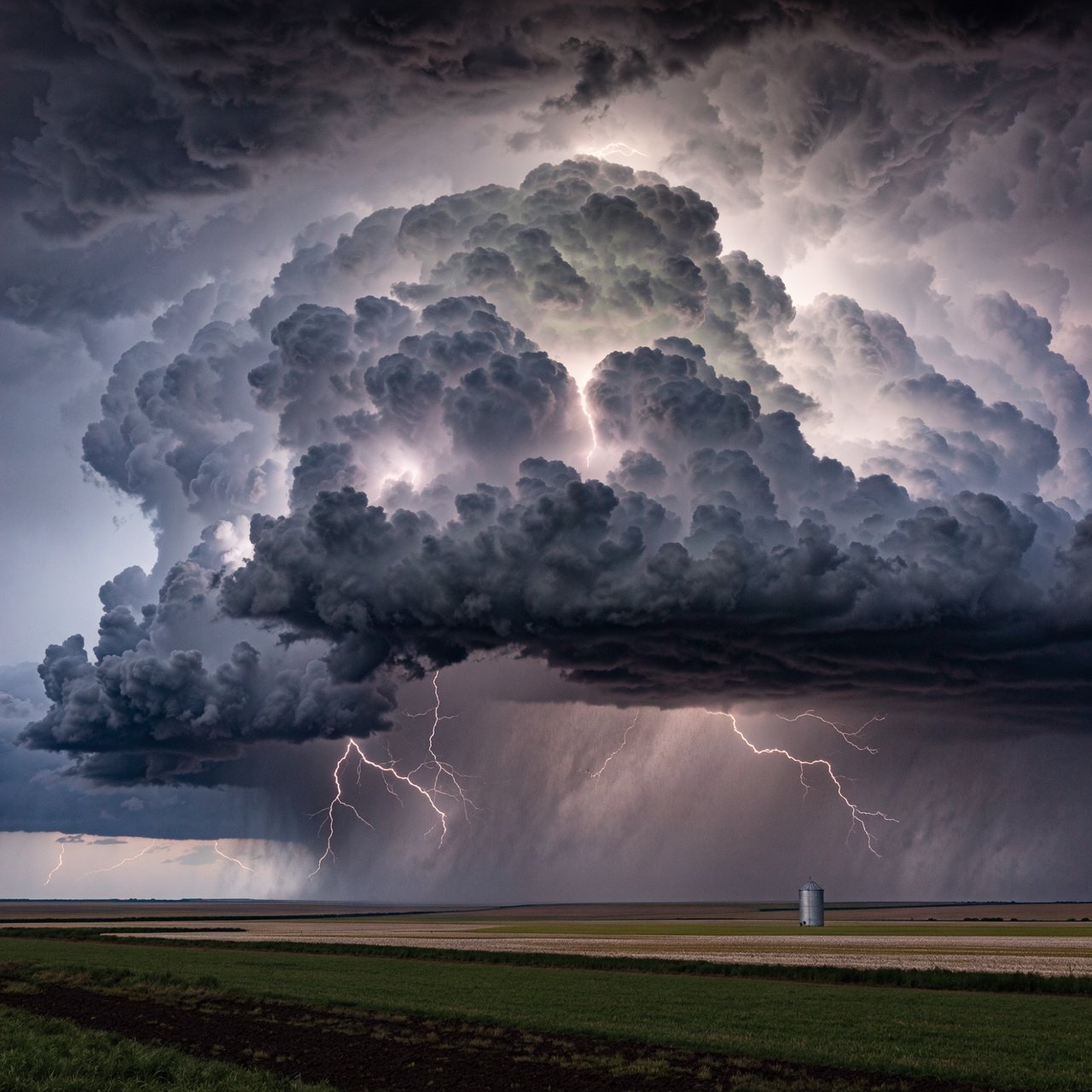 A supercell thunderstorm over flat farmland, lightning inside the cloud, a lone grain silo, dramatic but realistic. — Recraft v4 Pro