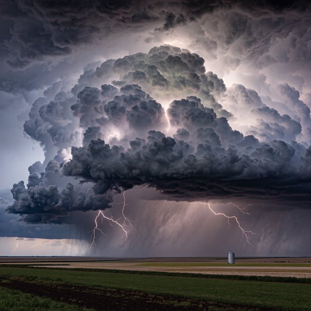 A supercell thunderstorm over flat farmland, lightning inside the cloud, a lone grain silo, dramatic but realistic. — Recraft v4 Pro