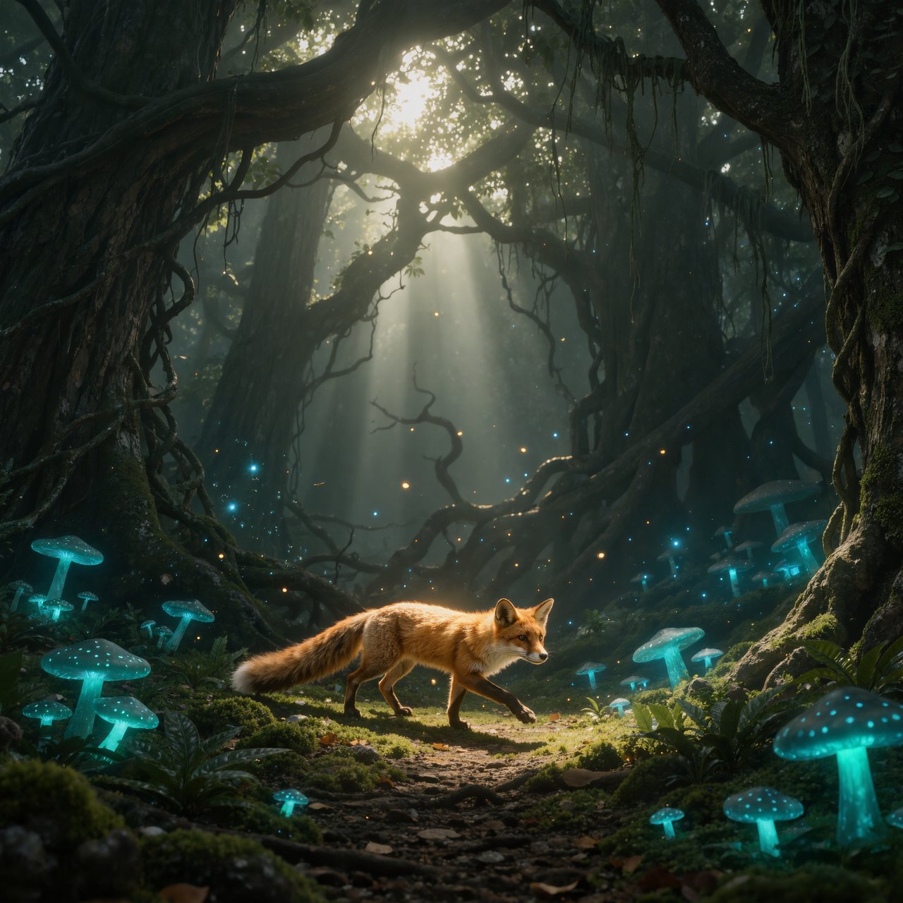 A cunning fox with fur like molten gold cautiously steps through a dense, ancient forest. Shafts of light pierce the canopy, illuminating dust motes dancing in the air. Strange, glowing mushrooms cast an otherworldly light on the moss-covered ground. The style is a blend of dark fantasy illustration and hyperrealism, with a focus on dramatic, cinematic lighting. — Kling v3 Omni