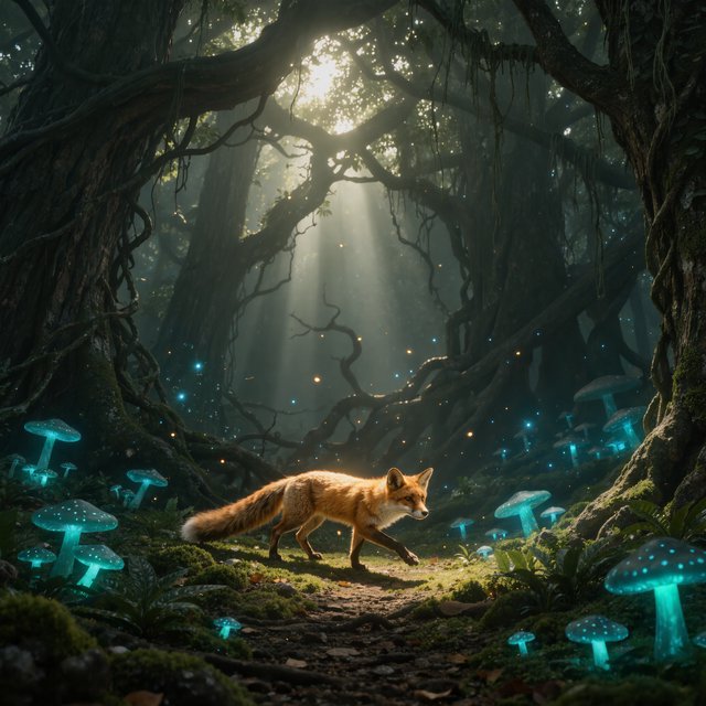A cunning fox with fur like molten gold cautiously steps through a dense, ancient forest. Shafts of light pierce the canopy, illuminating dust motes dancing in the air. Strange, glowing mushrooms cast an otherworldly light on the moss-covered ground. The style is a blend of dark fantasy illustration and hyperrealism, with a focus on dramatic, cinematic lighting. — Kling v3 Omni
