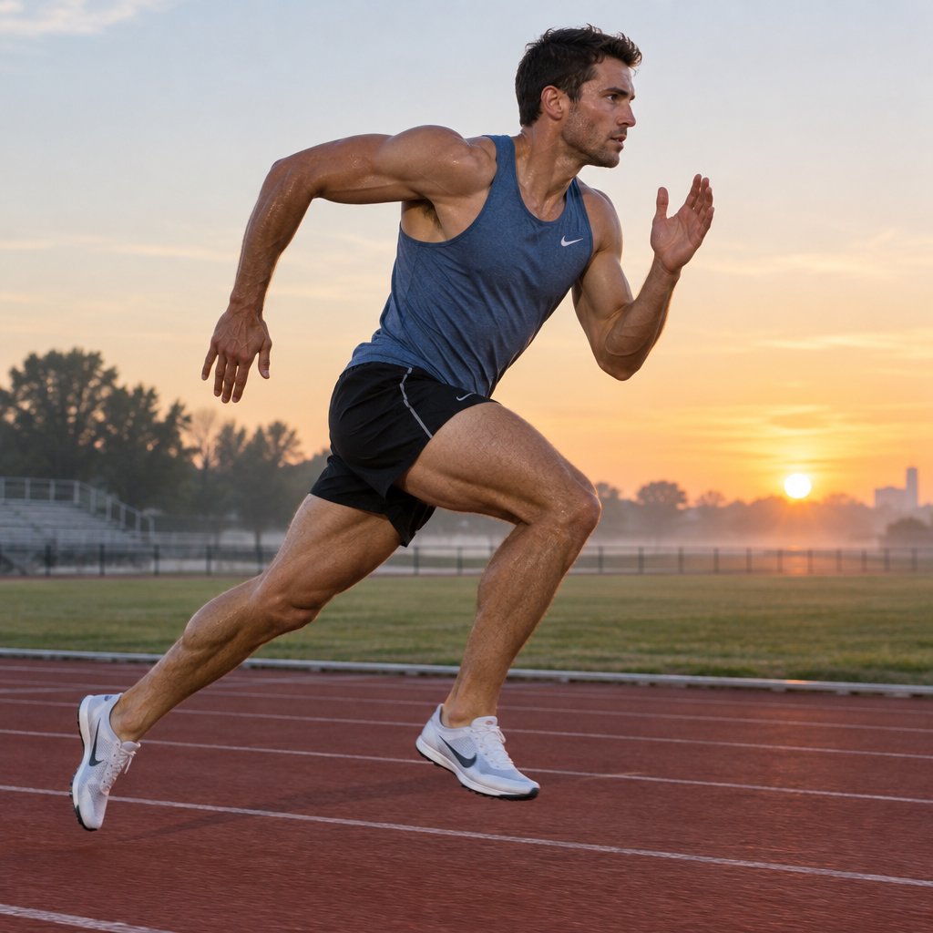 Adult male athlete in running shorts and a tank top mid-sprint on an outdoor track at dawn, muscles defined, motion captured sharply. — GPT Image 2.5 Flare