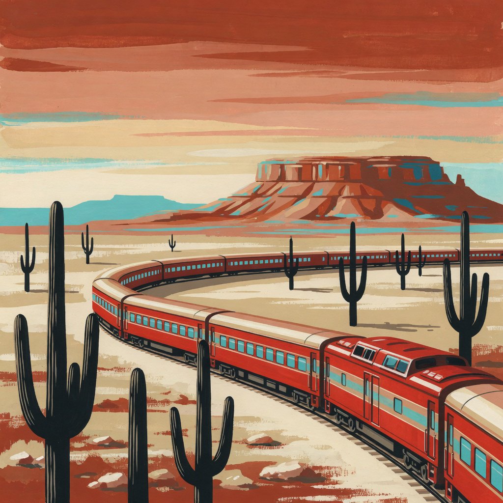 At dawn, a scarlet desert train curves past saguaro silhouettes toward a mesa; screen-printed gouache illustration in mid-century travel-poster style, palette of rust, turquoise, sand, and cream, no lettering. — Grok Imagine Image Quality