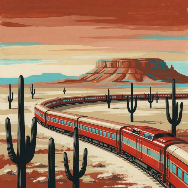 At dawn, a scarlet desert train curves past saguaro silhouettes toward a mesa; screen-printed gouache illustration in mid-century travel-poster style, palette of rust, turquoise, sand, and cream, no lettering. — Grok Imagine Image Quality