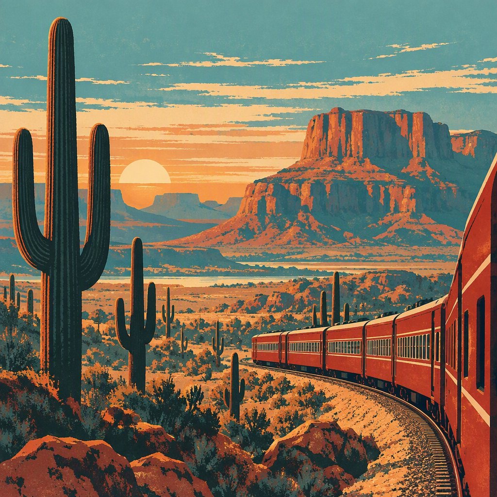 At dawn, a scarlet desert train curves past saguaro silhouettes toward a mesa; screen-printed gouache illustration in mid-century travel-poster style, palette of rust, turquoise, sand, and cream, no lettering. — GPT Image 2.5 Sunburst