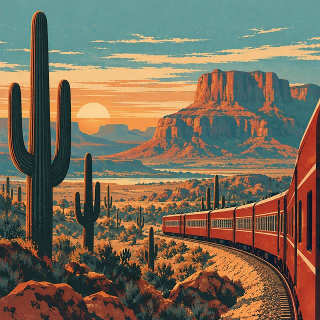 At dawn, a scarlet desert train curves past saguaro silhouettes toward a mesa; screen-printed gouache illustration in mid-century travel-poster style, palette of rust, turquoise, sand, and cream, no lettering. — GPT Image 2.5 Sunburst