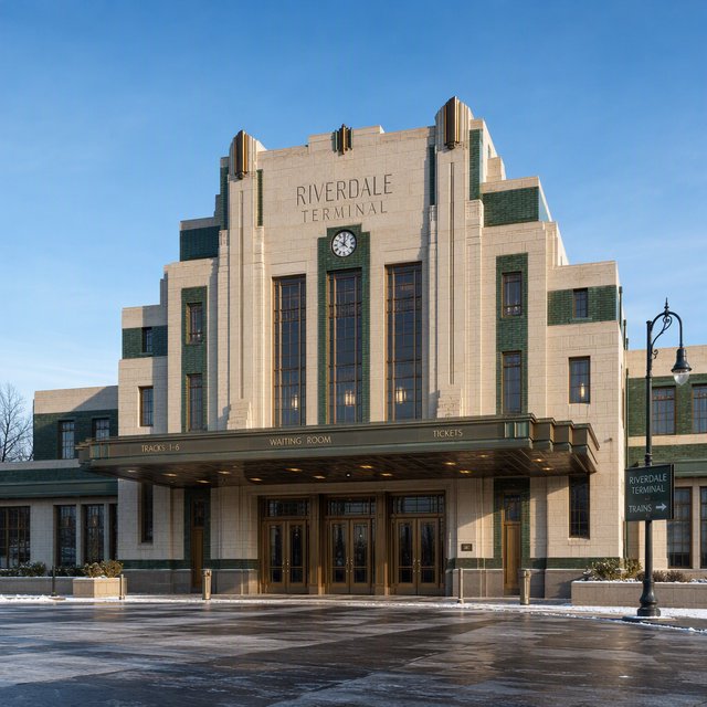 Exterior of an Art Deco railway terminal in pale limestone and dark green glazed brick, with stepped massing, bronze-framed windows, and a broad canopy; clear winter morning light, viewed from the station forecourt, precise lines and credible structure. — GPT Image 2