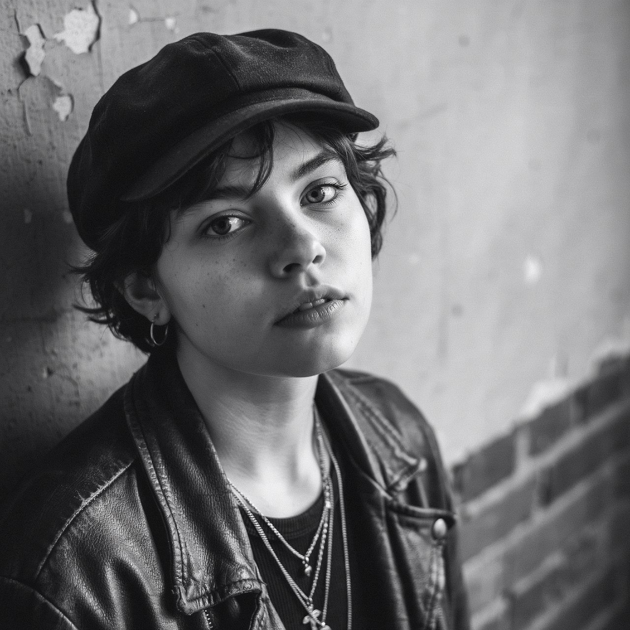 A monochrome, grainy, photorealistic medium close-up shot from a high angle: a young woman with messy, short curls, fair, freckled skin, and an intense, direct gaze into the camera. She is wearing a faded, worn-in black flat cap, a distressed vintage leather jacket over a dark undershirt, several thin silver chains, and a small hoop earring. Soft, diffused side lighting from the left casts gentle shadows across her face. In the background, a weathered wall with peeling plaster. Shallow depth of field, a moody, gritty film aesthetic, and sharp focus on the subject's eyes. — Ideogram v4