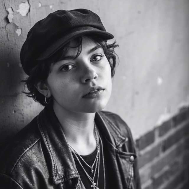 A monochrome, grainy, photorealistic medium close-up shot from a high angle: a young woman with messy, short curls, fair, freckled skin, and an intense, direct gaze into the camera. She is wearing a faded, worn-in black flat cap, a distressed vintage leather jacket over a dark undershirt, several thin silver chains, and a small hoop earring. Soft, diffused side lighting from the left casts gentle shadows across her face. In the background, a weathered wall with peeling plaster. Shallow depth of field, a moody, gritty film aesthetic, and sharp focus on the subject's eyes. — Ideogram v4
