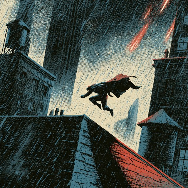 An adult rooftop courier vaults between rain-dark towers, coat snapping as signal flares streak behind; bold ink comic-panel illustration with dense halftone shadows, palette of electric cyan, vermilion, charcoal, and cream, no speech bubbles. — Midjourney V8.2