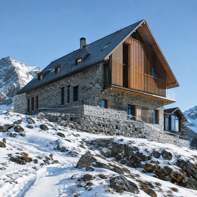 Exterior of a contemporary alpine research lodge in restrained regional modernism, rough granite walls, larch screens, steep standing-seam roof, crisp snow-bright morning light, viewed from below across a mountain footpath, sound structural geometry. — GPT Image 2.5 Flare