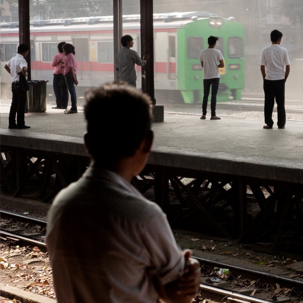Across a broad station platform, adult commuters wait in loose clusters as a train approaches through pale dawn haze. A real-world press photograph uses a 135mm lens and deep focus; fine brake dust hangs in the sunlit air. — Krea 2 Large