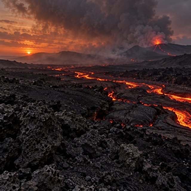 Fresh lava threads a black cinder plain on a volcanic island at dusk beneath ash-laden wind; blistered crust and brittle pumice in the foreground give way to glowing fissures fading into smoke. — GPT Image 2.5 Sunburst