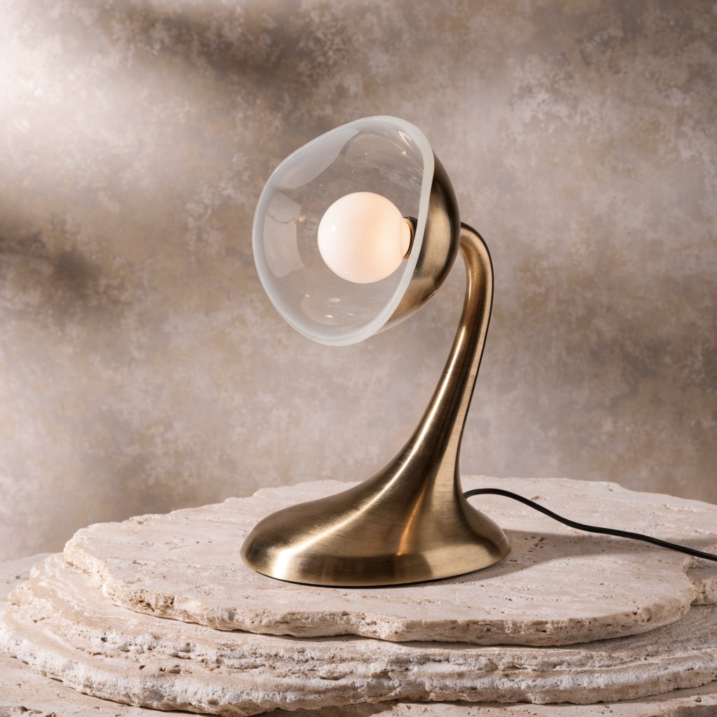 Commercial product photograph of an unbranded sculptural desk lamp made from brushed brass and opal glass, resting on pale travertine, against a warm gray background, with soft diffused light from upper left and gentle grounding shadow. — Recraft v4