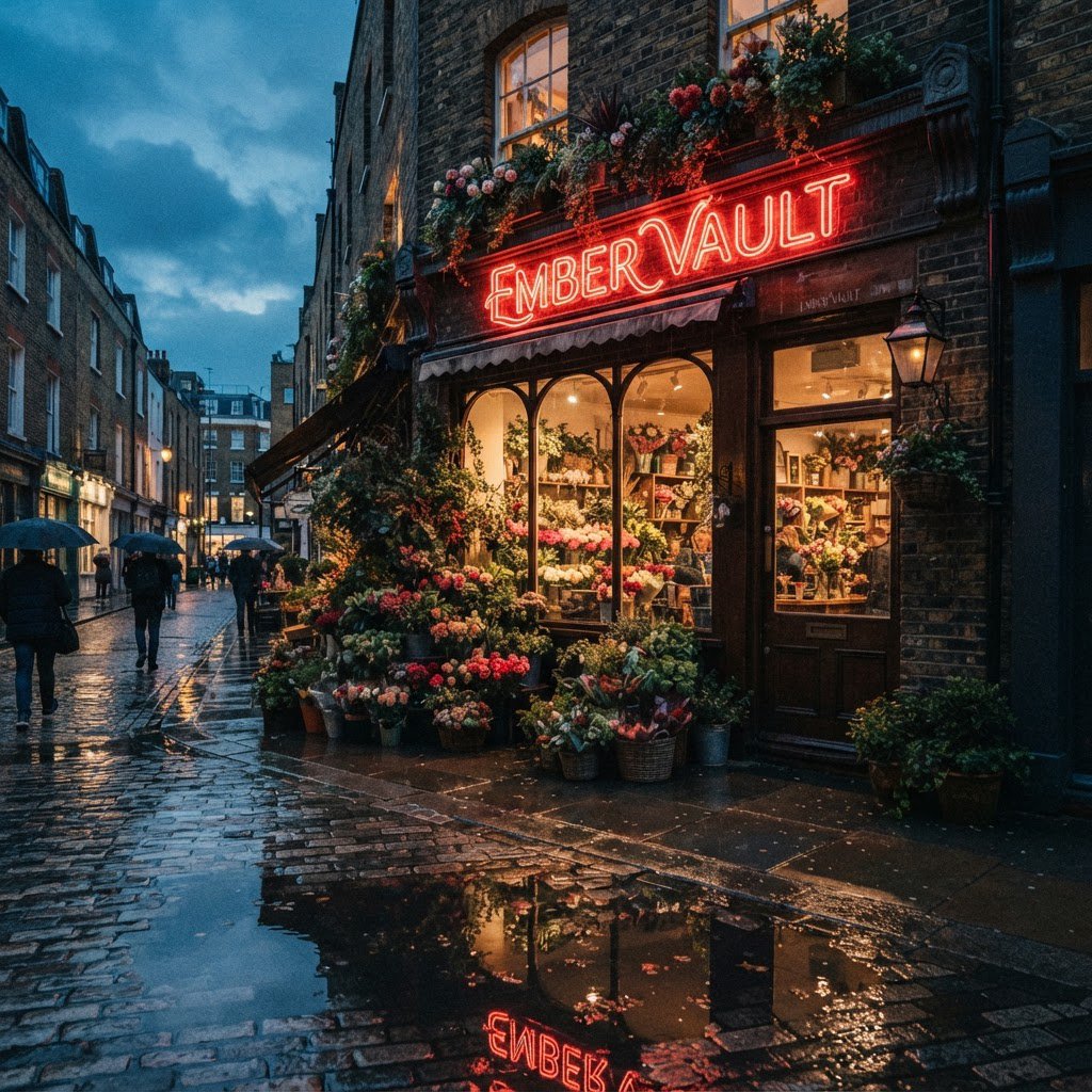 At dusk, a narrow flower shop with rain-dark brick, overflowing window boxes, and warm interior light; the invented name "EMBER VAULT" is rendered in red neon tubing above the entrance, reflected in puddles. — Nano Banana 2 Lite