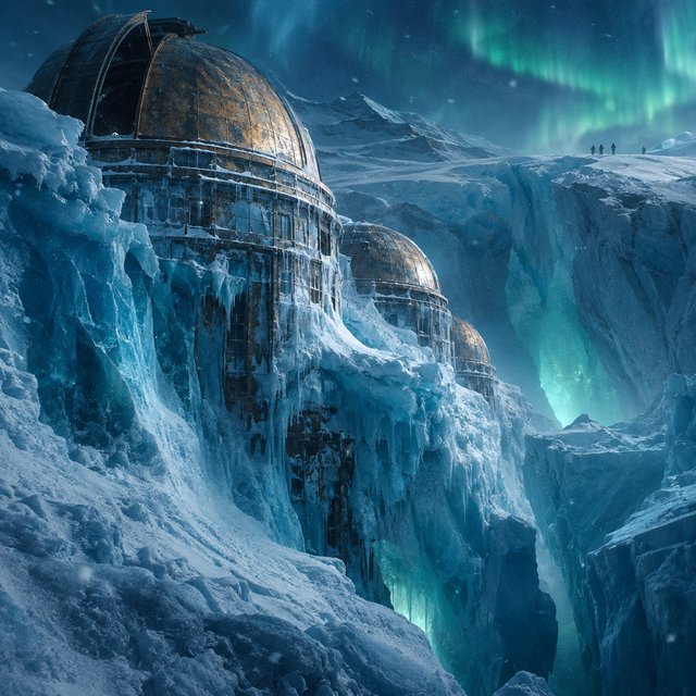An abandoned observatory carved into a glacier, its bronze domes protruding from blue ice, aurora light filtering through crevasses, tiny adult explorers on a distant ridge emphasizing immense scale, drifting snow and deep polar shadows. — GPT Image 2.5 Flare