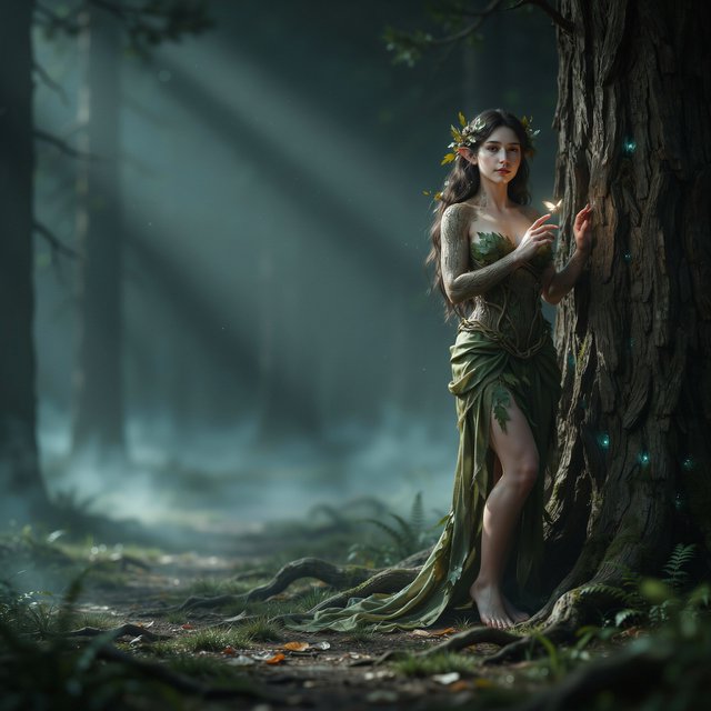 fantasy aesthetic, volumetric fog, chiaroscuro lighting, subsurface scattering, sculptural realism, an epic adult dryad. — Ideogram v4