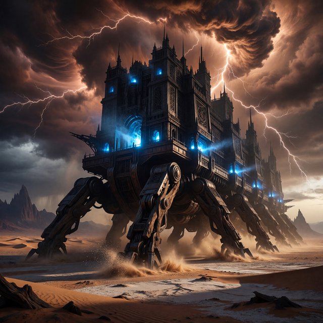 A colossal walking citadel crosses a salt desert, its ironwood legs striding through windblown dunes beneath a copper storm. Blue furnace light leaks from carved windows, casting a long shadow toward distant mountains. — ImagineArt 1.5 Pro