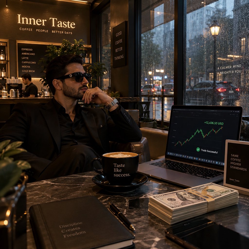 Realistic, a man wearing a black suit and cool shades with the word “G” on them, sitting near a table in a friendly coffee shop with the words “Inner Taste” displayed in the shop, coffee on the table, a coffee cup with the words “Taste like success,” a stack of money on the table, a high-end laptop displaying a successful trade, and rain pouring outside. The vibe is calm and chill. — GPT Image 2.5 Sunburst
