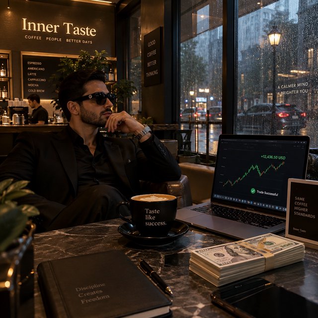 Realistic, a man wearing a black suit and cool shades with the word “G” on them, sitting near a table in a friendly coffee shop with the words “Inner Taste” displayed in the shop, coffee on the table, a coffee cup with the words “Taste like success,” a stack of money on the table, a high-end laptop displaying a successful trade, and rain pouring outside. The vibe is calm and chill. — GPT Image 2.5 Sunburst