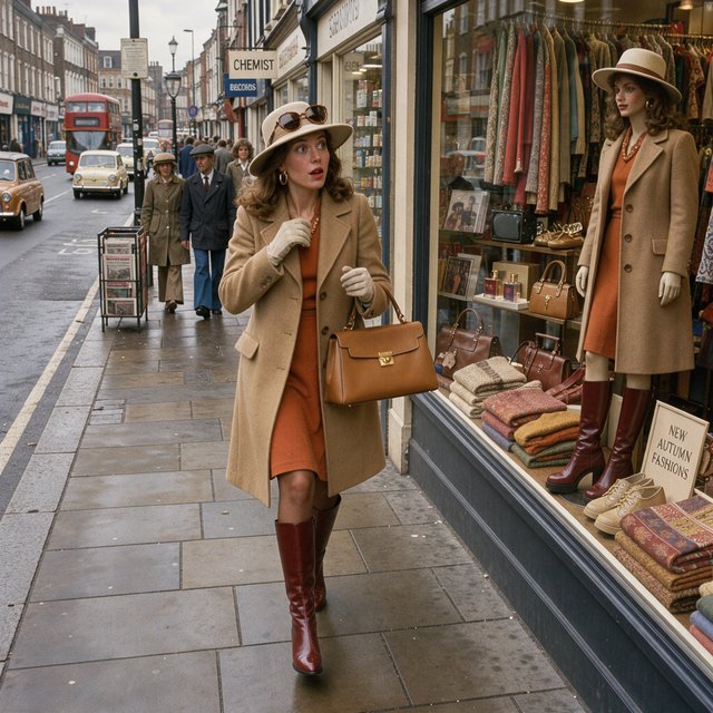 A glamorous woman walking down a busy UK high street in 1977. There are cars, buses and shops full of merchandise. Something surprising catches her eye. — FLUX 3 Image