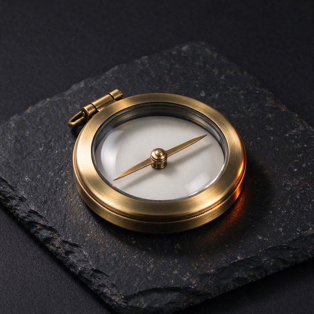A compact brass pocket compass rests on black slate, its satin-metal casing and clear glass cover catching a broad diffused key and narrow warm rim light against a deep charcoal background; an unbranded commercial product image, blank face without lettering. — Seedream 5.0 Flash