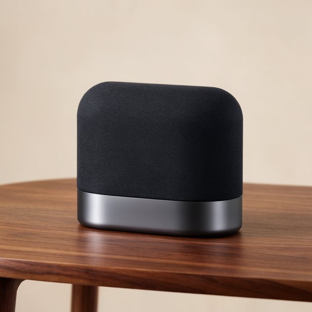 Commercial product photograph of an unbranded wireless speaker made from textured black fabric and satin aluminum, placed on a walnut tabletop against a warm cream background, illuminated by a large softbox and subtle backlight. — Krea 2 Large