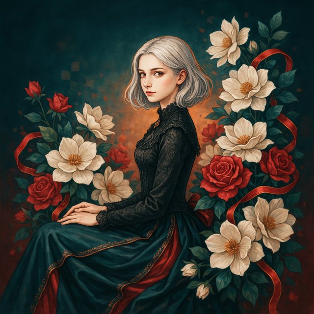 An elegant gothic woman sits sideways among oversized ivory blossoms, crimson roses, and dark teal foliage, turning toward the viewer with half-lidded amber eyes. She has a softly waved silver-white bob and a fitted black gown with lace, embroidered sleeves, and a sculpted corset. Deep-teal skirt folds reveal crimson lining and burnt-orange embroidery. Crimson ribbons with orange edging weave through the flowers, leaving breathing room around her pale face and hands. A deep-teal background fades into charcoal, with muted burnt-orange light behind her head, faint crimson haze below, and botanical shadows. Fine ordered dithering, delicate checkerboard patterns, and clustered pigment grains soften background transitions only; the woman and flowers remain smoothly painted. Crimson, deep teal, glowing orange, lacquer black, and warm ivory palette. Soft frontal fill, luminous hair, readable black fabric, subtle orange rim light, refined gothic anime, precise linework, dramatic floral framing — Ideogram v4.5