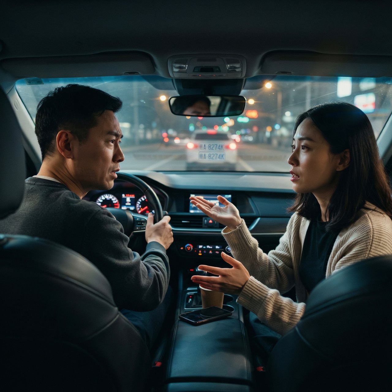 Frontal cinematic shot through the windshield of a car driving at night. A 35-year-old Chinese man is in the driver’s seat, gripping the steering wheel and arguing back in visible frustration. Beside him, a 30-year-old Chinese woman in the front passenger seat is nagging him animatedly, gesturing as she speaks. Both are clearly engaged in a tense argument. Nighttime city lights and passing streetlights glow outside, with reflections across the windshield and realistic interior lighting. — Ideogram v4