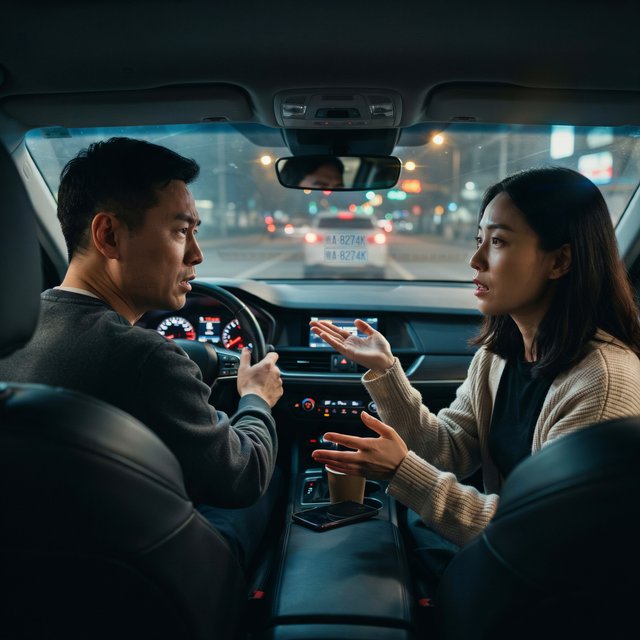 Frontal cinematic shot through the windshield of a car driving at night. A 35-year-old Chinese man is in the driver’s seat, gripping the steering wheel and arguing back in visible frustration. Beside him, a 30-year-old Chinese woman in the front passenger seat is nagging him animatedly, gesturing as she speaks. Both are clearly engaged in a tense argument. Nighttime city lights and passing streetlights glow outside, with reflections across the windshield and realistic interior lighting. — Ideogram v4
