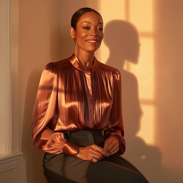 Portrait of an adult Black woman in her 50s wearing a pleated copper satin blouse and tailored charcoal trousers, her hands gently holding the blouse fabric, calm half-smile, warm plaster backdrop, late-afternoon window light grazing her face. — Midjourney Niji 7